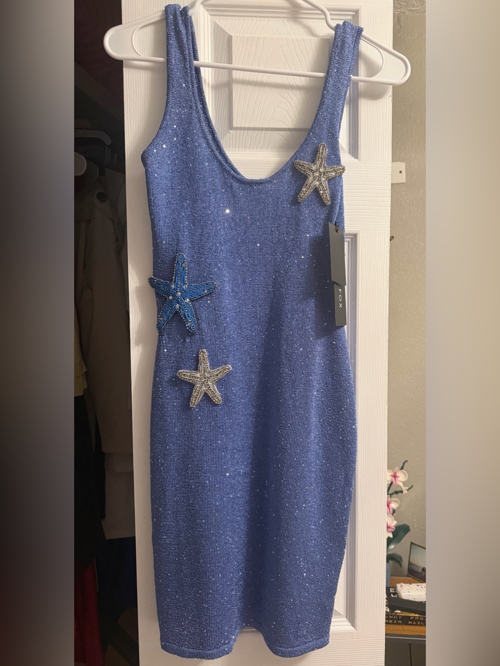 White Fox Boutique Blue Sparkle Star Appliqué Mini Dress